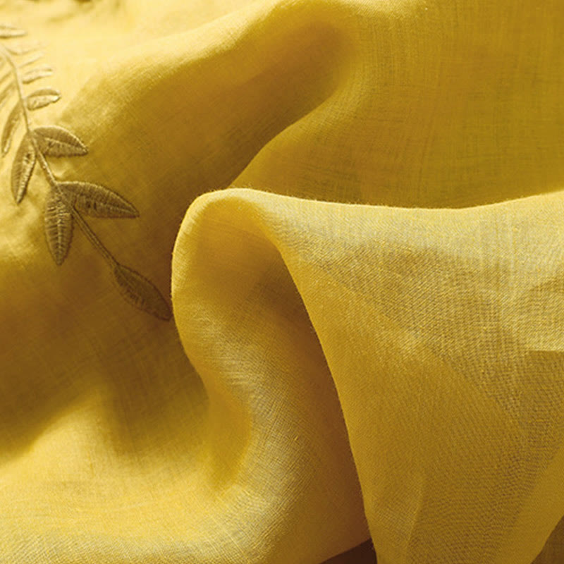 T-shirt femme en coton et lin à manches mi-longues avec broderies de Buddha Stones - image 7