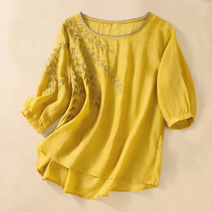 T-shirt femme en coton et lin à manches mi-longues avec broderies de Buddha Stones - Or - US8-10，UK/AU12-14，EU40-42 (2XL) - image 0