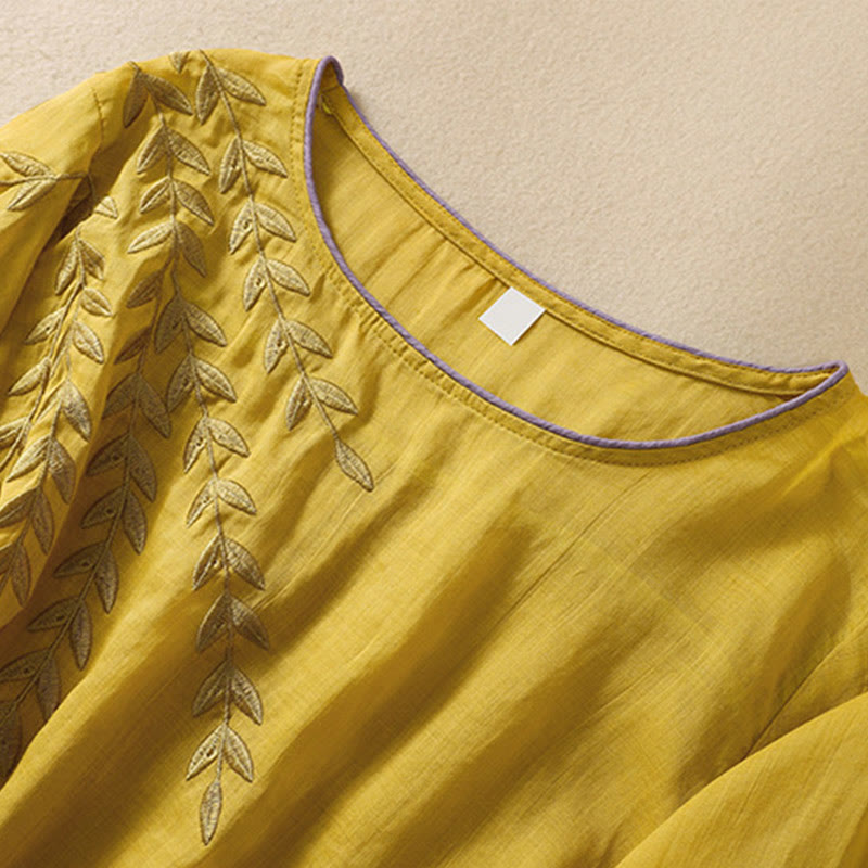 T-shirt femme en coton et lin à manches mi-longues avec broderies de Buddha Stones - image 4