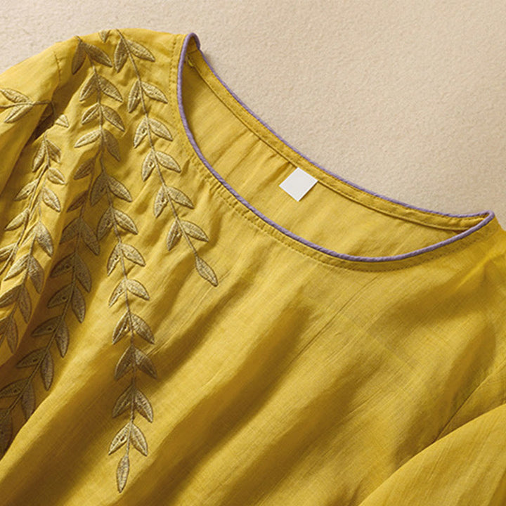 T-shirt femme en coton et lin à manches mi-longues avec broderies de Buddha Stones - image 4