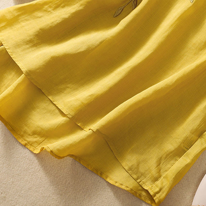 T-shirt femme en coton et lin à manches mi-longues avec broderies de Buddha Stones - image 9