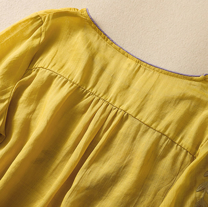 T-shirt femme en coton et lin à manches mi-longues avec broderies de Buddha Stones - image 5