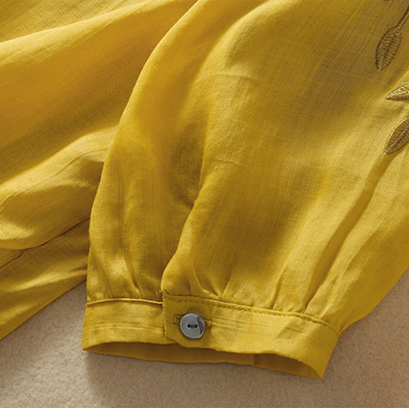 T-shirt femme en coton et lin à manches mi-longues avec broderies de Buddha Stones - image 8