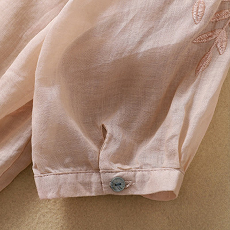 T-shirt femme en coton et lin à manches mi-longues avec broderies de Buddha Stones - image 17