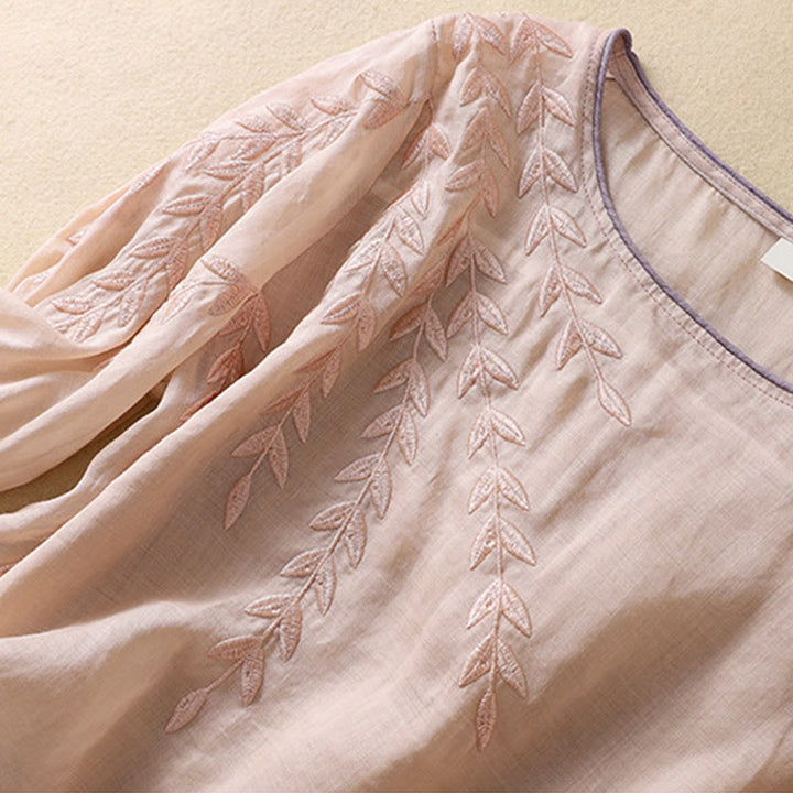 T-shirt femme en coton et lin à manches mi-longues avec broderies de Buddha Stones - image 13