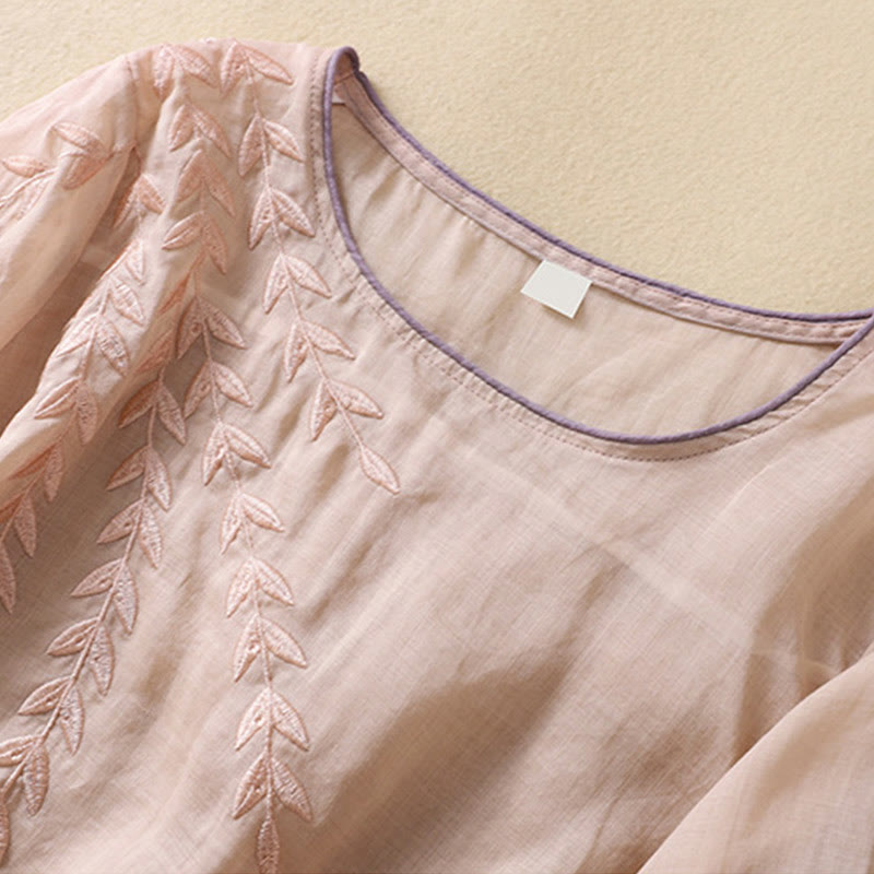 T-shirt femme en coton et lin à manches mi-longues avec broderies de Buddha Stones - image 17