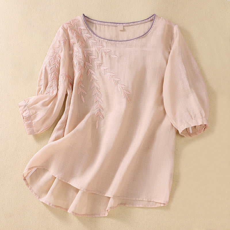 T-shirt femme en coton et lin à manches mi-longues avec broderies de Buddha Stones - MistyRose - US8-10，UK/AU12-14，EU40-42 (2XL) - image 11