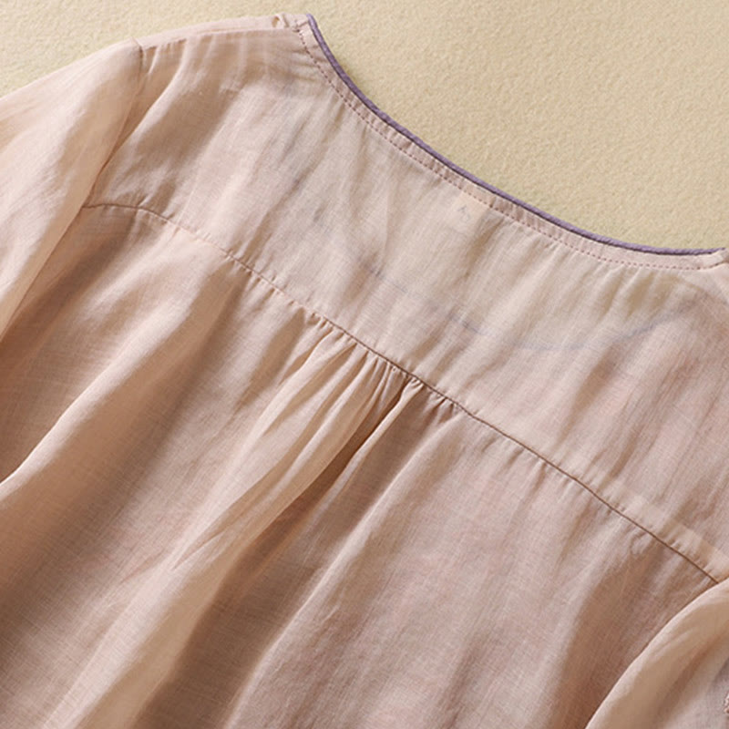 T-shirt femme en coton et lin à manches mi-longues avec broderies de Buddha Stones - image 14