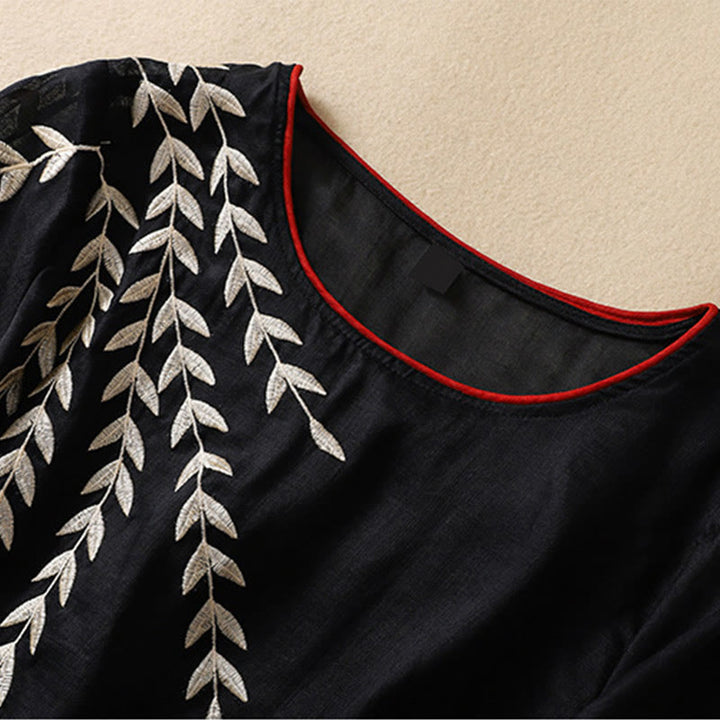 T-shirt femme en coton et lin à manches mi-longues avec broderies de Buddha Stones - image 24