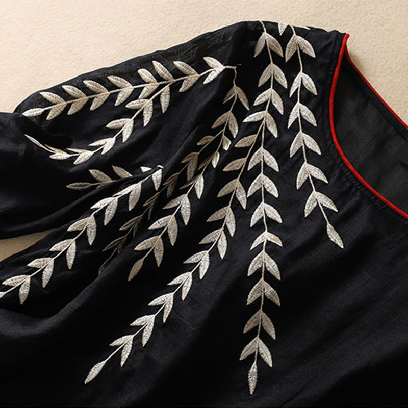 T-shirt femme en coton et lin à manches mi-longues avec broderies de Buddha Stones - image 29