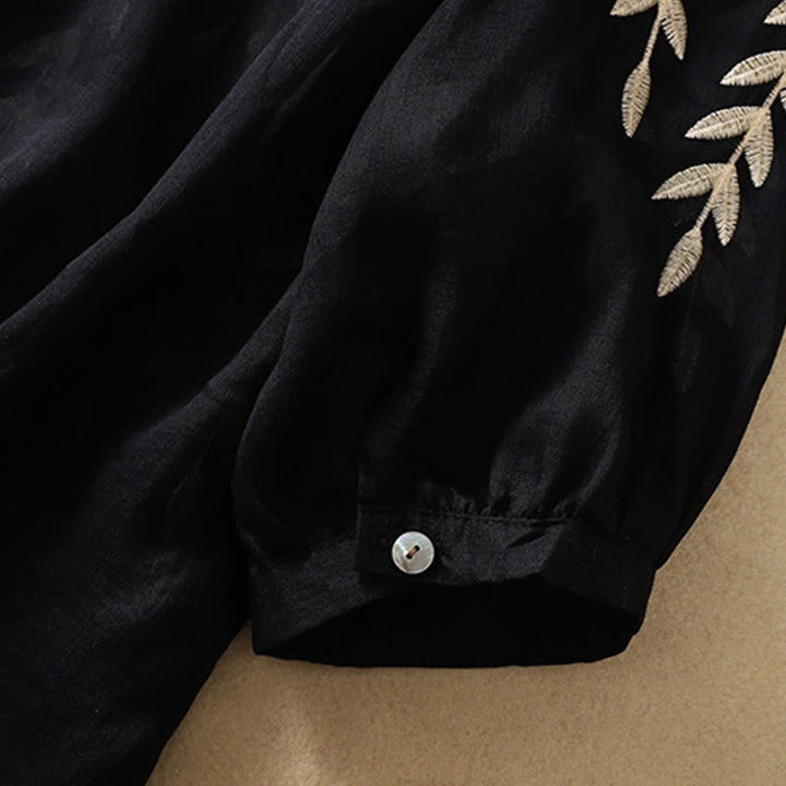 T-shirt femme en coton et lin à manches mi-longues avec broderies de Buddha Stones - image 26