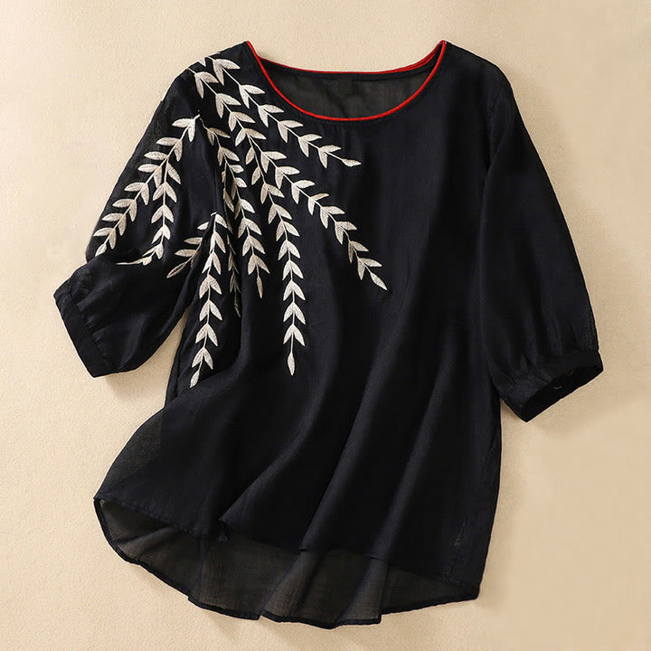T-shirt femme en coton et lin à manches mi-longues avec broderies de Buddha Stones - Noir - US8-10，UK/AU12-14，EU40-42 (2XL) - image 23