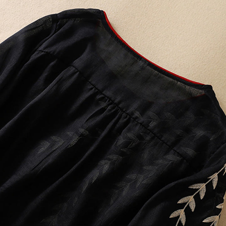 T-shirt femme en coton et lin à manches mi-longues avec broderies de Buddha Stones - image 25