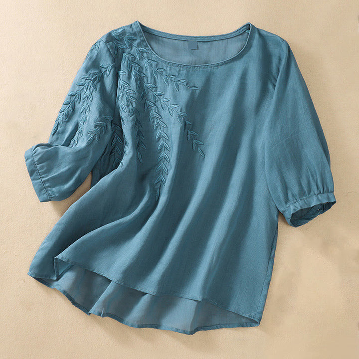 T-shirt femme en coton et lin à manches mi-longues avec broderies de Buddha Stones - Bleu acier - US8-10，UK/AU12-14，EU40-42 (2XL) - image 31