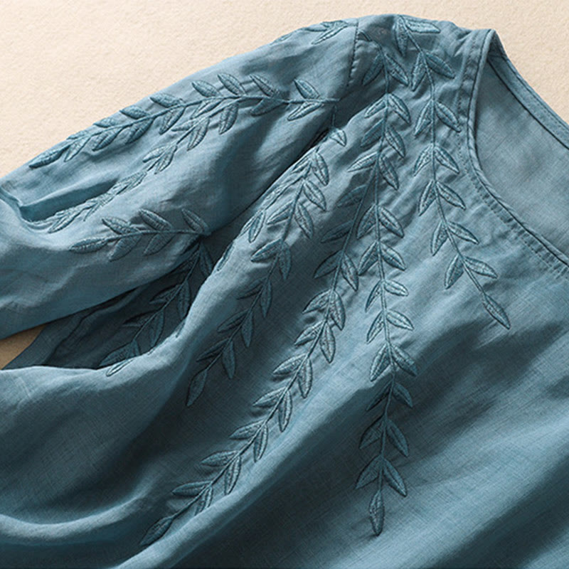 T-shirt femme en coton et lin à manches mi-longues avec broderies de Buddha Stones - image 34