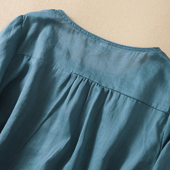 T-shirt femme en coton et lin à manches mi-longues avec broderies de Buddha Stones - image 33