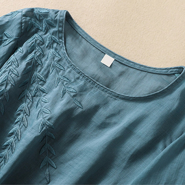 T-shirt femme en coton et lin à manches mi-longues avec broderies de Buddha Stones - image 32