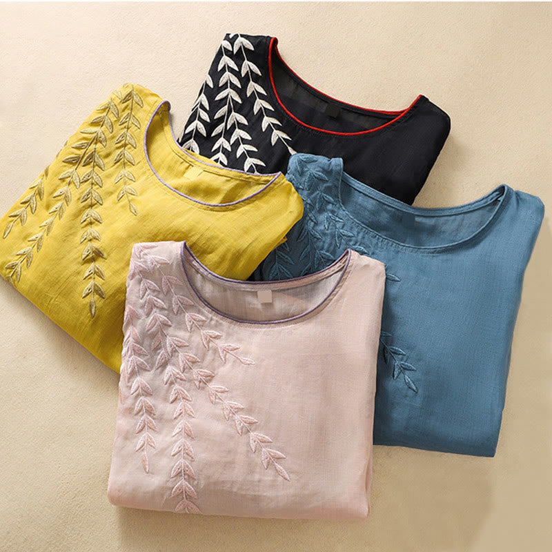 T-shirt femme en coton et lin à manches mi-longues avec broderies de Buddha Stones - image 37