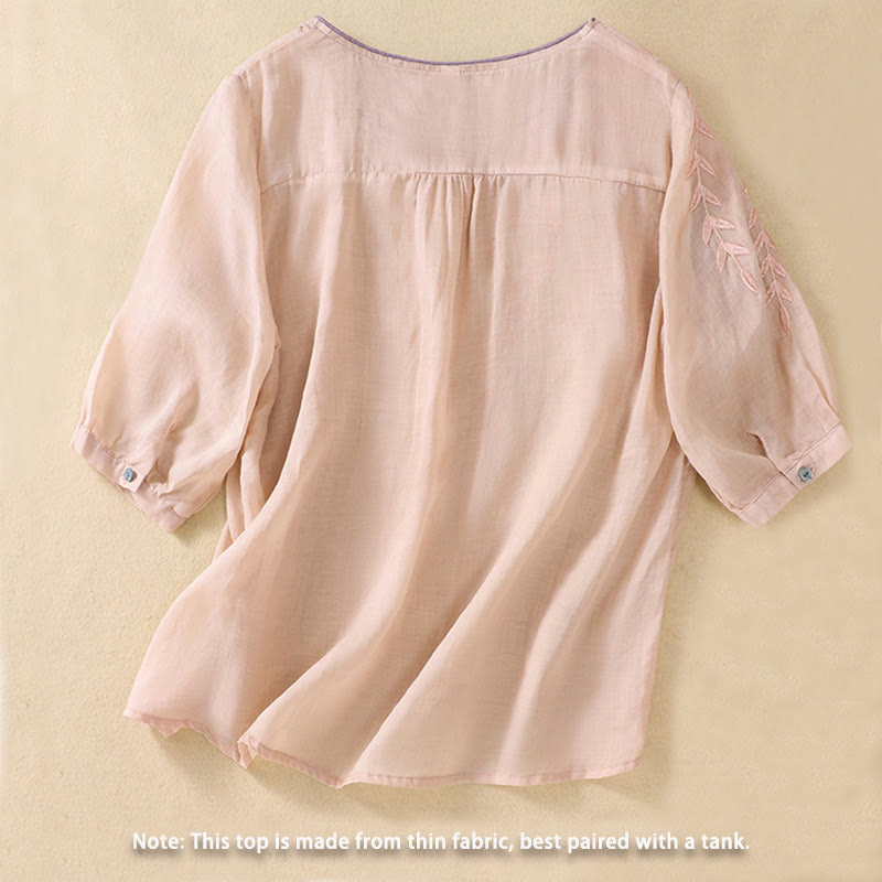 T-shirt femme en coton et lin à manches mi-longues avec broderies de Buddha Stones - image 12