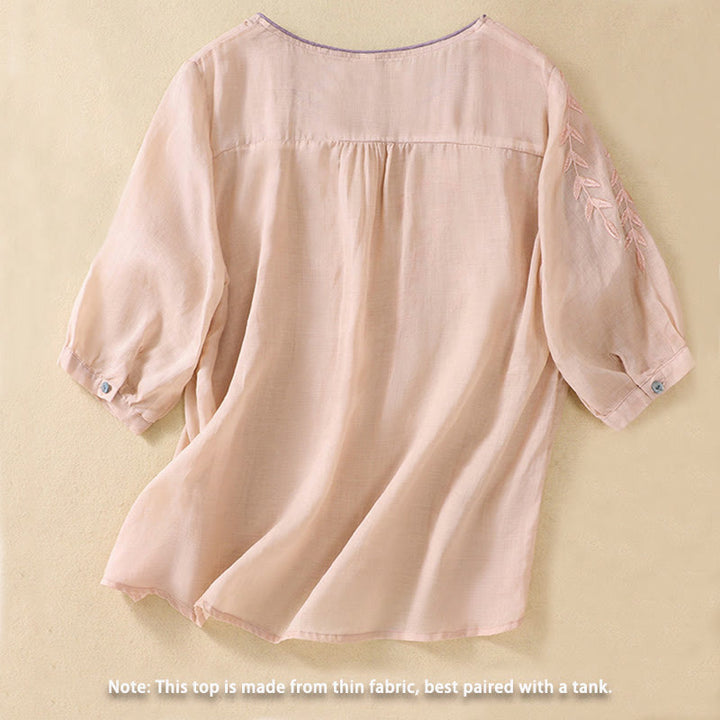 T-shirt femme en coton et lin à manches mi-longues avec broderies de Buddha Stones - image 13
