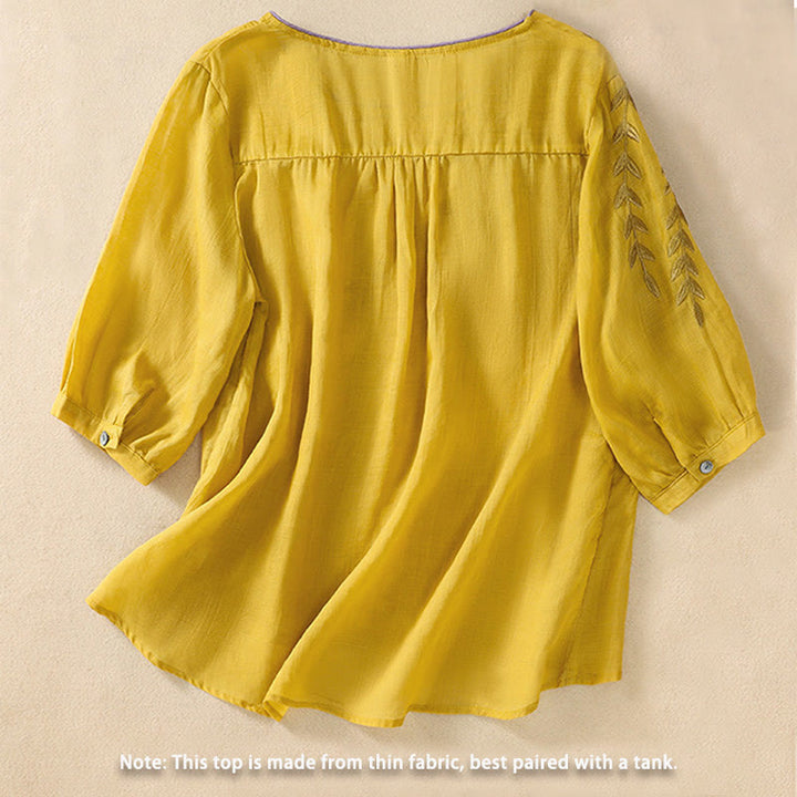 T-shirt femme en coton et lin à manches mi-longues avec broderies de Buddha Stones - image 1