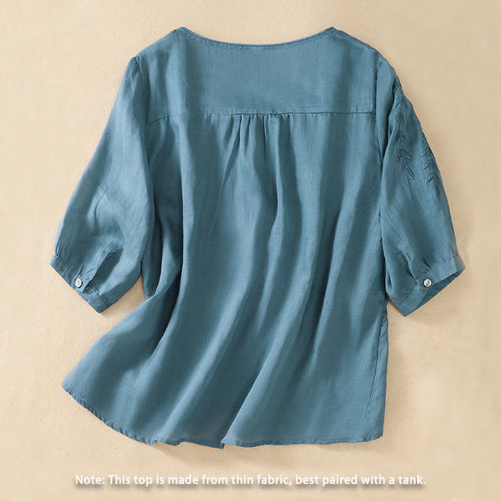 T-shirt femme en coton et lin à manches mi-longues avec broderies de Buddha Stones - image 32