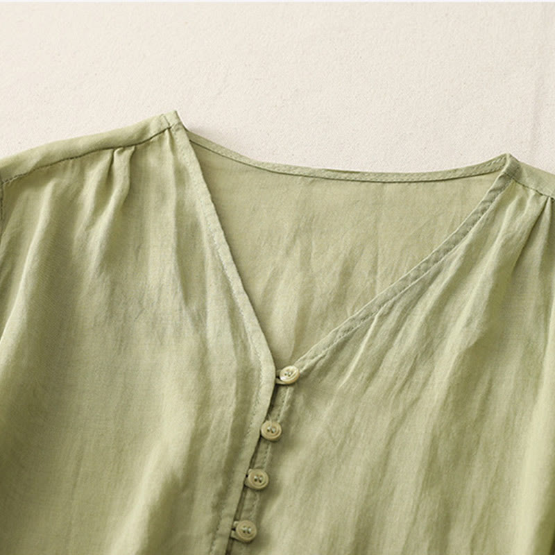 Chemise boutonnée en coton et lin pour femme avec broderies de Buddha Stones - image 2