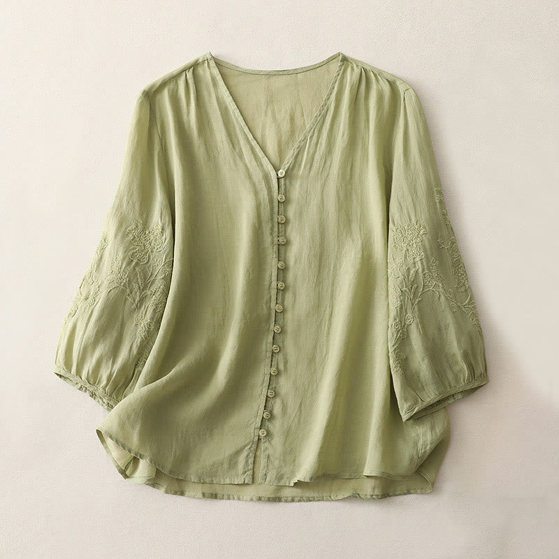 Chemise boutonnée pour femme avec broderie de Buddha Stones - JauneVert - US8-10，UK/AU12-14，EU40-42 (2XL) - image 0