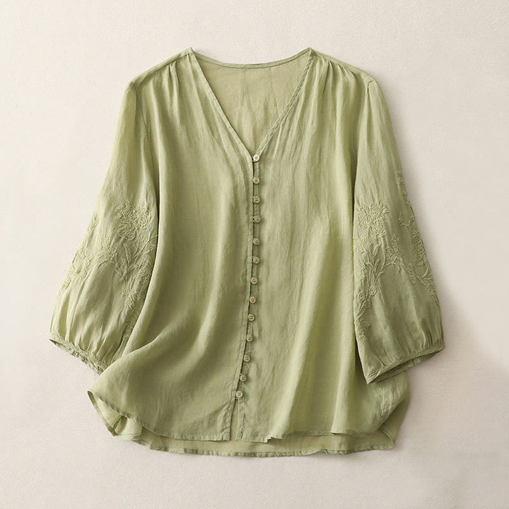 Chemise boutonnée en coton et lin pour femme avec broderies de Buddha Stones - JauneVert - US8-10，UK/AU12-14，EU40-42 (2XL) - image 0