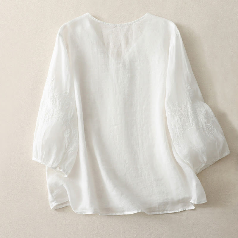 Chemise boutonnée en coton et lin pour femme avec broderies de Buddha Stones - image 9