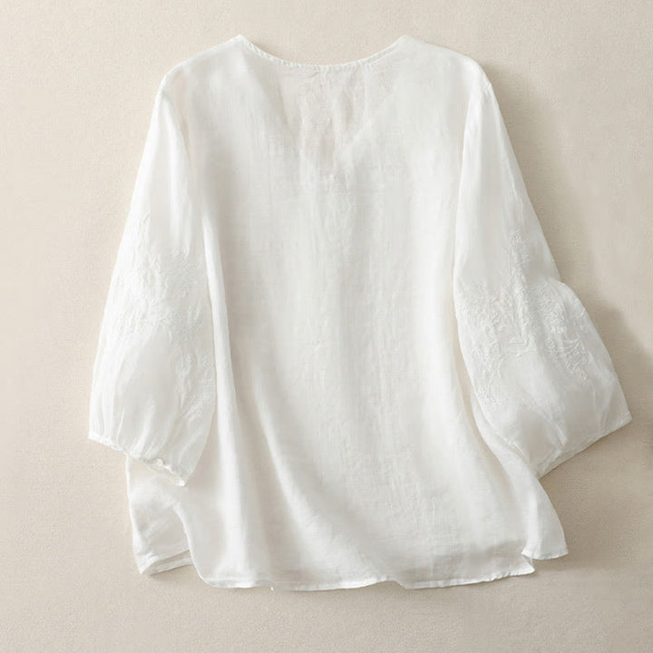 Chemise boutonnée en coton et lin pour femme avec broderies de Buddha Stones - image 9