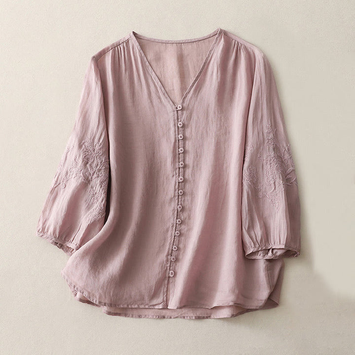 Chemise boutonnée en coton et lin pour femme avec broderies de Buddha Stones - Prune - US8-10，UK/AU12-14，EU40-42 (2XL) - image 16