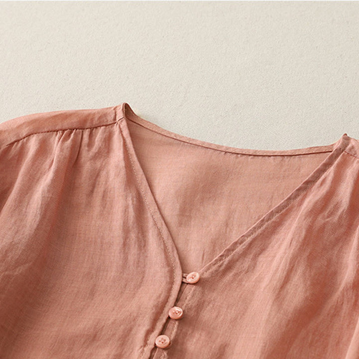 Chemise boutonnée en coton et lin pour femme avec broderies de Buddha Stones - image 26