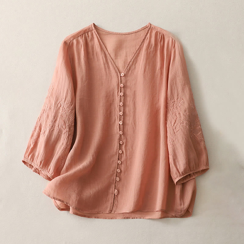 Chemise boutonnée en coton et lin pour femme avec broderies de Buddha Stones - Saumon clair - US8-10，UK/AU12-14，EU40-42 (2XL) - image 22