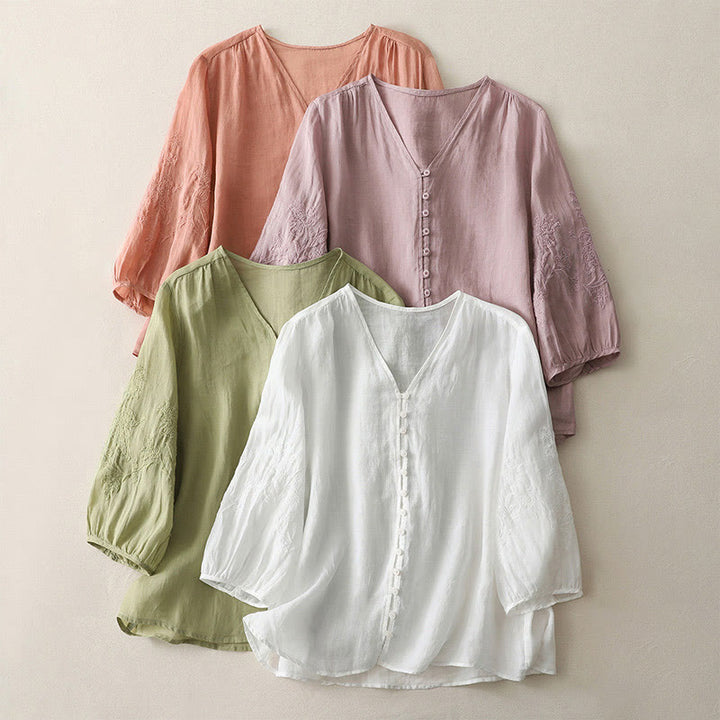 Chemise boutonnée en coton et lin pour femme avec broderies de Buddha Stones - image 28