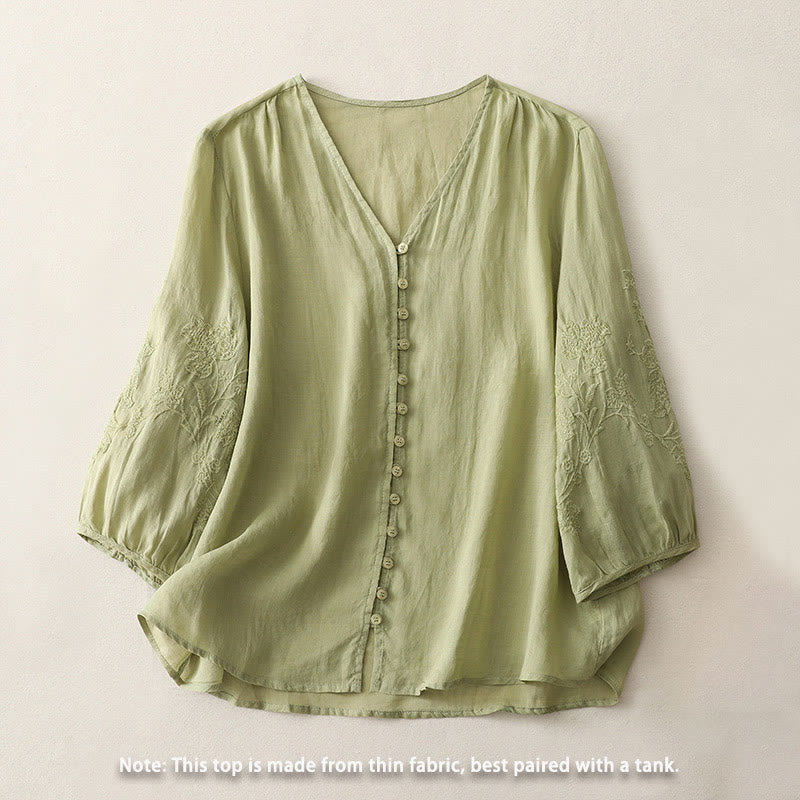 Chemise boutonnée en coton et lin pour femme avec broderies de Buddha Stones - image 1