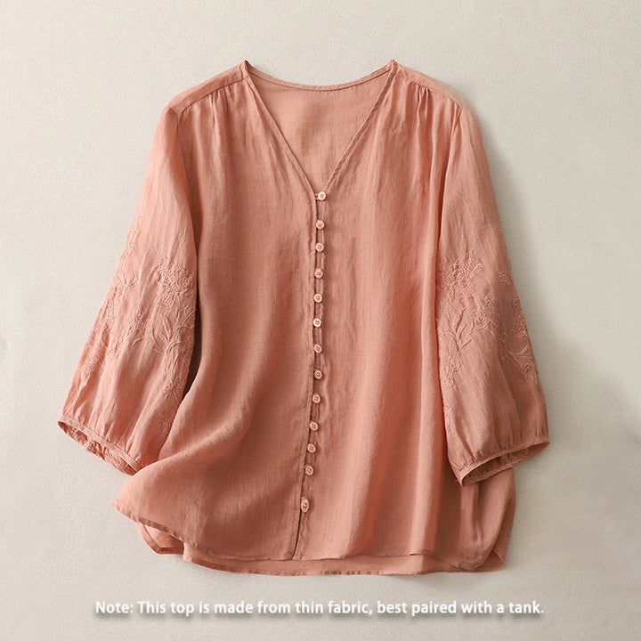 Chemise boutonnée en coton et lin pour femme avec broderies de Buddha Stones - image 23