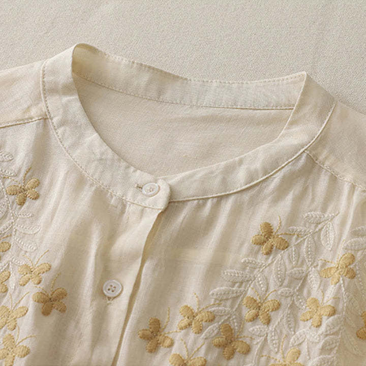 Chemise simple boutonnage en coton et lin pour femme, broderie de fleurs et de Buddha Stones - image 6