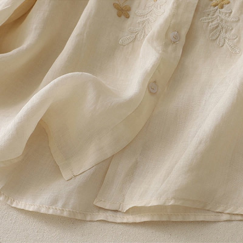 Chemise simple boutonnage en coton et lin pour femme, broderie de fleurs et de Buddha Stones - image 2