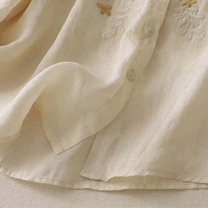 Chemise simple boutonnage en coton et lin pour femme, broderie de fleurs et de Buddha Stones - image 2