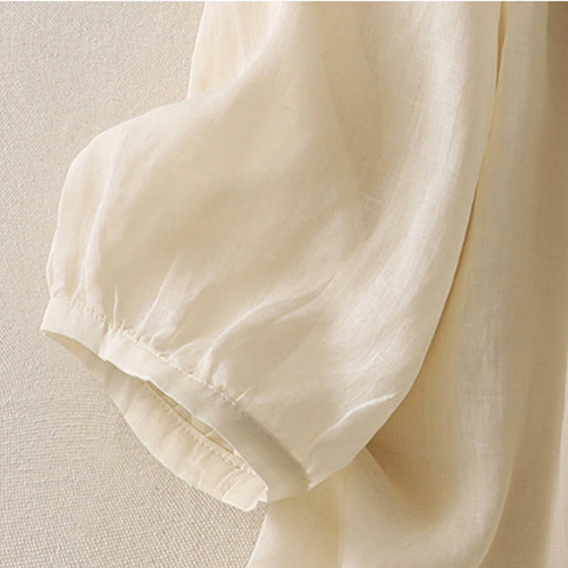 Chemise simple boutonnage en coton et lin pour femme, broderie de fleurs et de Buddha Stones - image 3