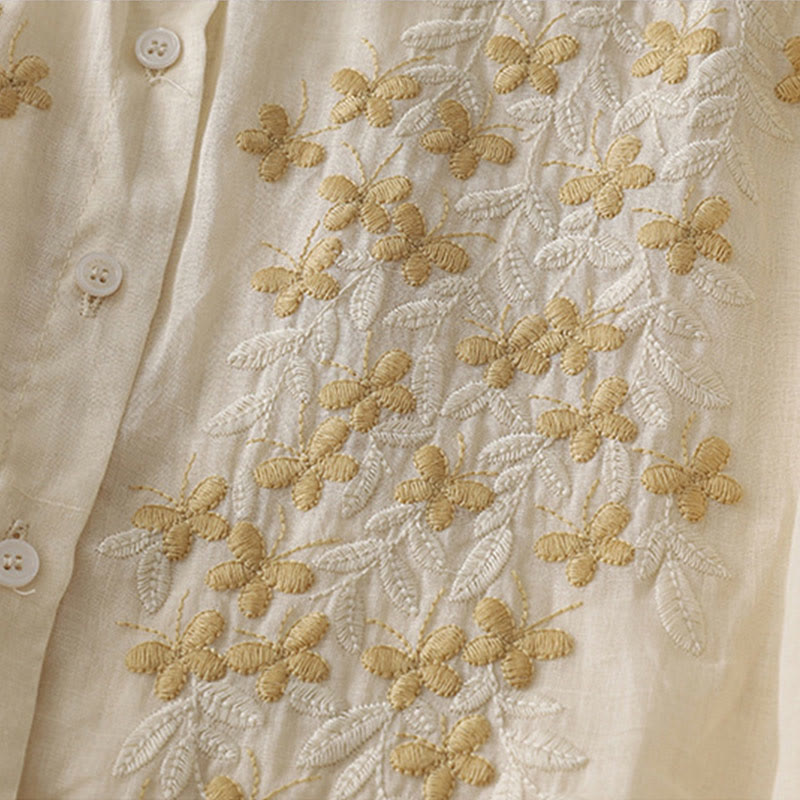 Chemise simple boutonnage en coton et lin pour femme, broderie de fleurs et de Buddha Stones - image 5