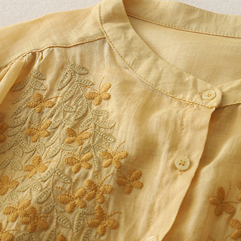 Chemise simple boutonnage en coton et lin pour femme, broderie de fleurs et de Buddha Stones - image 11