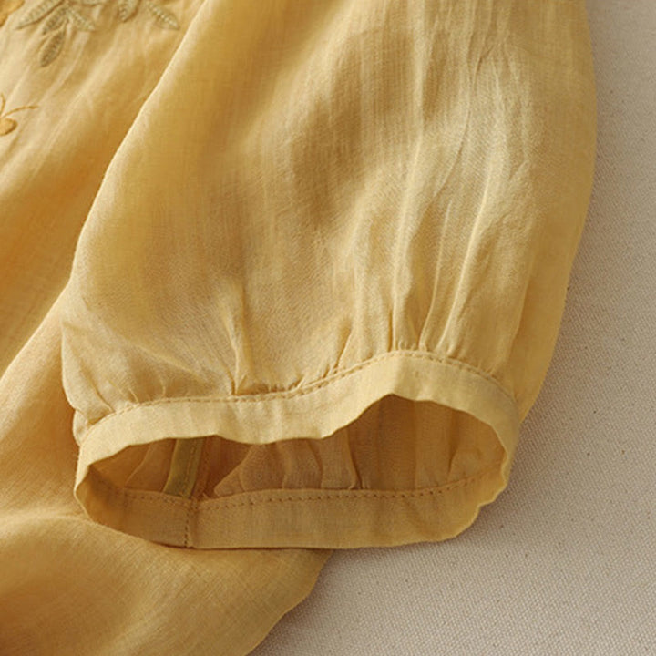 Chemise simple boutonnage en coton et lin pour femme, broderie de fleurs et de Buddha Stones - image 9