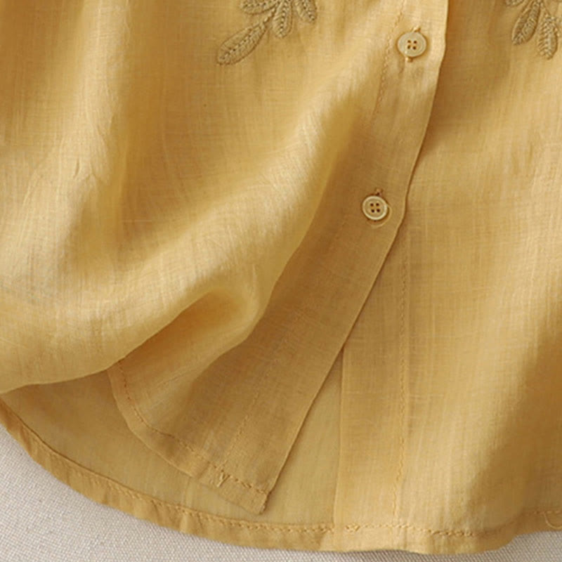 Chemise simple boutonnage en coton et lin pour femme, broderie de fleurs et de Buddha Stones - image 15