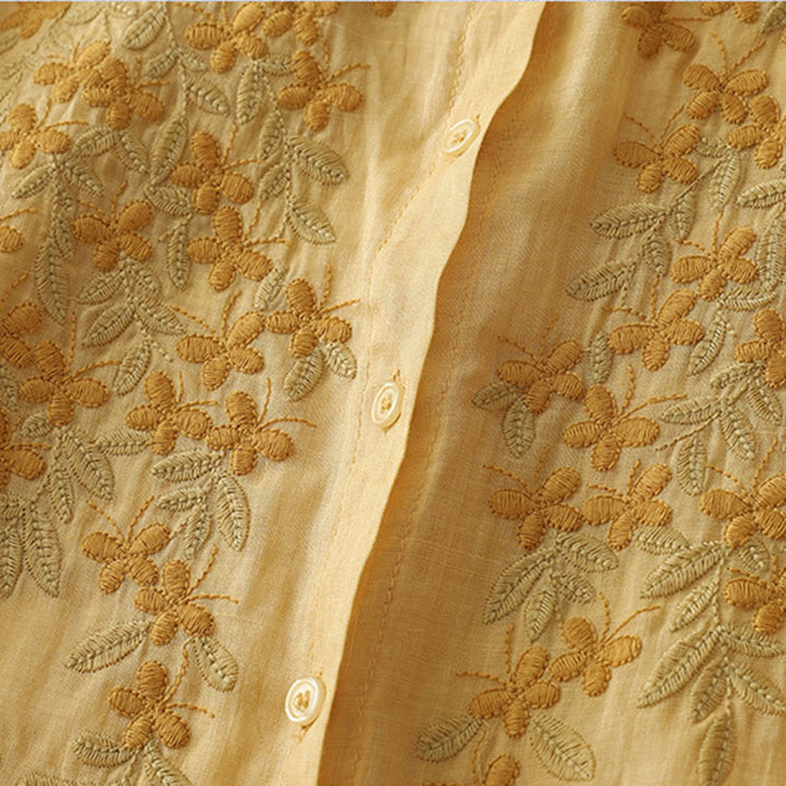 Chemise simple boutonnage en coton et lin pour femme, broderie de fleurs et de Buddha Stones - image 18