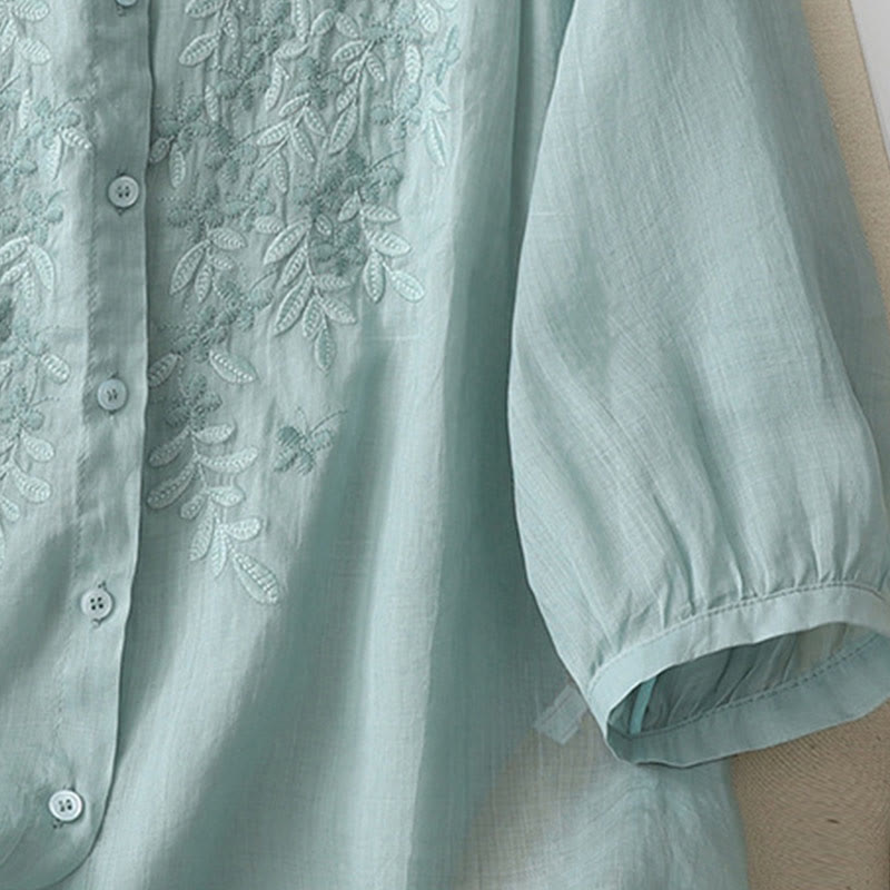 Chemise simple boutonnage en coton et lin pour femme, broderie de fleurs et de Buddha Stones - image 23