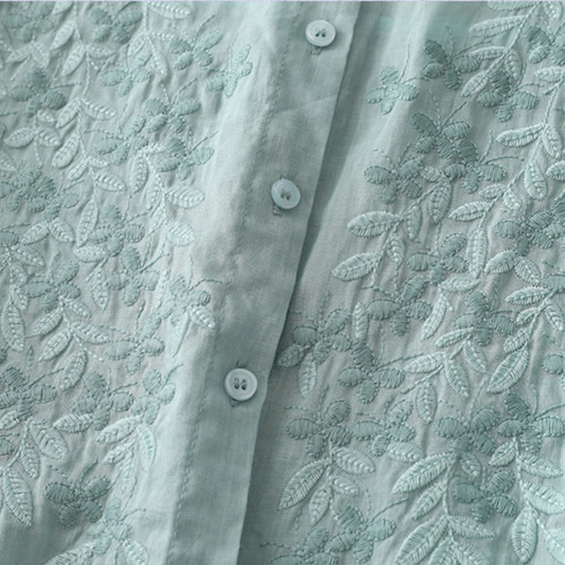 Chemise simple boutonnage en coton et lin pour femme, broderie de fleurs et de Buddha Stones - image 24