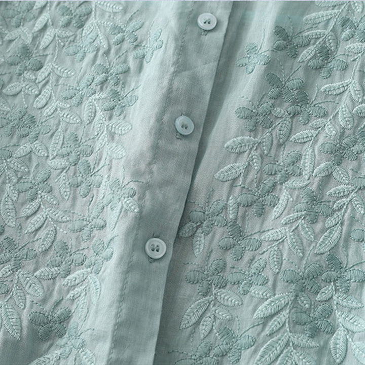 Chemise simple boutonnage en coton et lin pour femme, broderie de fleurs et de Buddha Stones - image 24