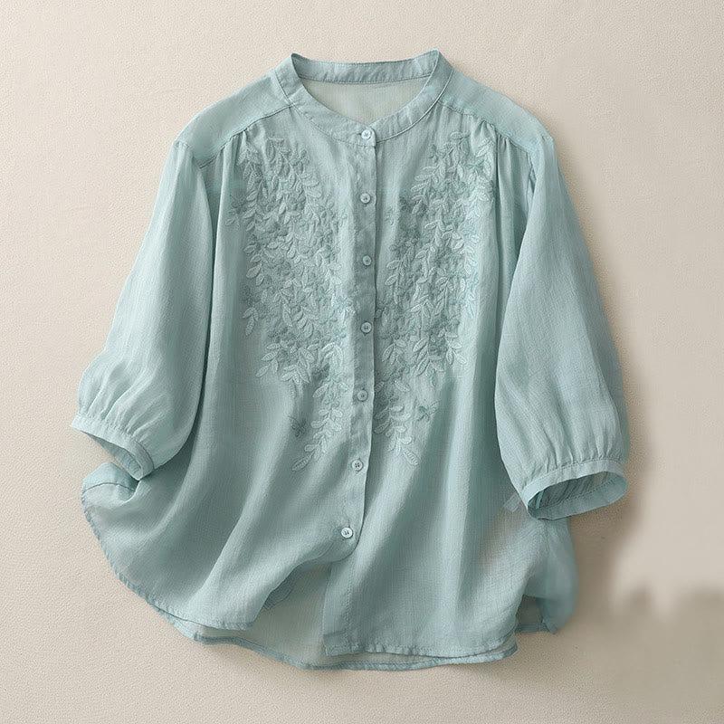Chemise simple boutonnage en coton et lin pour femme, broderie de fleurs et de Buddha Stones - Bleu poudré - US14，UK/AU18，EU46 (2XL) - image 19